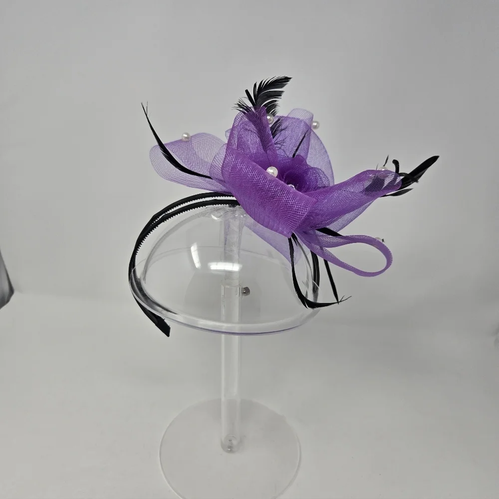 HANDMADE VINTAGE FASCINATOR HEADBAND BLACK & PURPLE KENTUCKY DERBY WOMEN OS